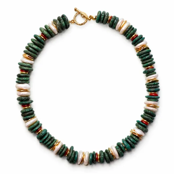 Ariel Turkuaz Taşı, Mercan ve Barok İnci Disk Kesim Kolye