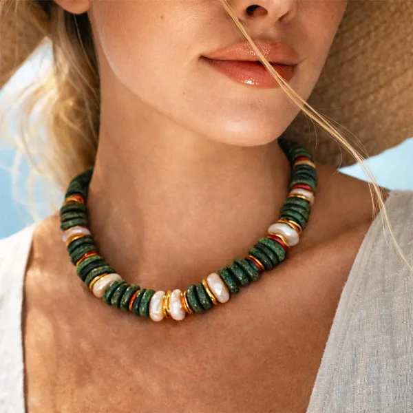 Ariel Turkuaz Taşı, Mercan ve Barok İnci Disk Kesim Kolye