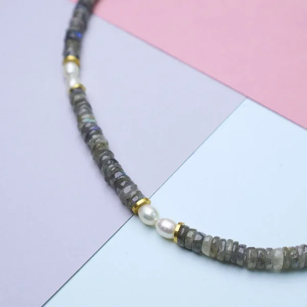 Amour Labradonit Taşlı İncili Kısa Kolye