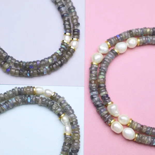 Amour Labradonit Taşlı İncili Kısa Kolye