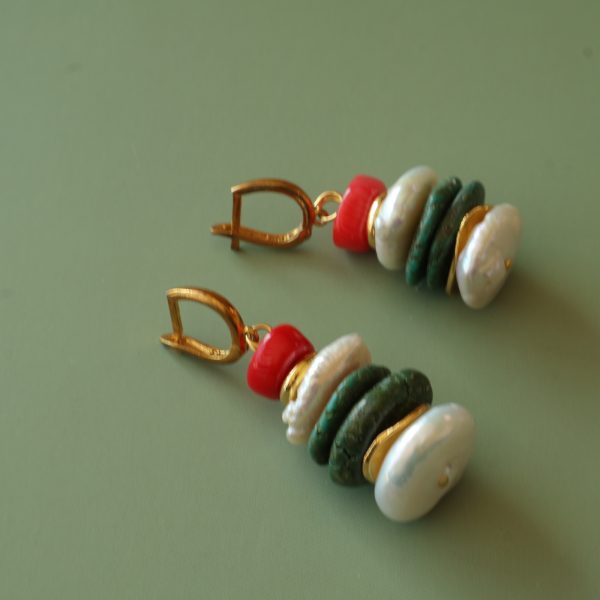 Ariel Turkuaz Taşı, Mercan ve Barok İnci Disk Kesim Küpe