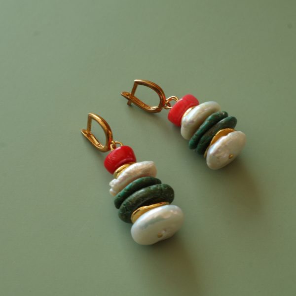 Ariel Turkuaz Taşı, Mercan ve Barok İnci Disk Kesim Küpe